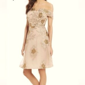 Calvin Klein Cream and Gold Off-Shoulder A-Line Dress